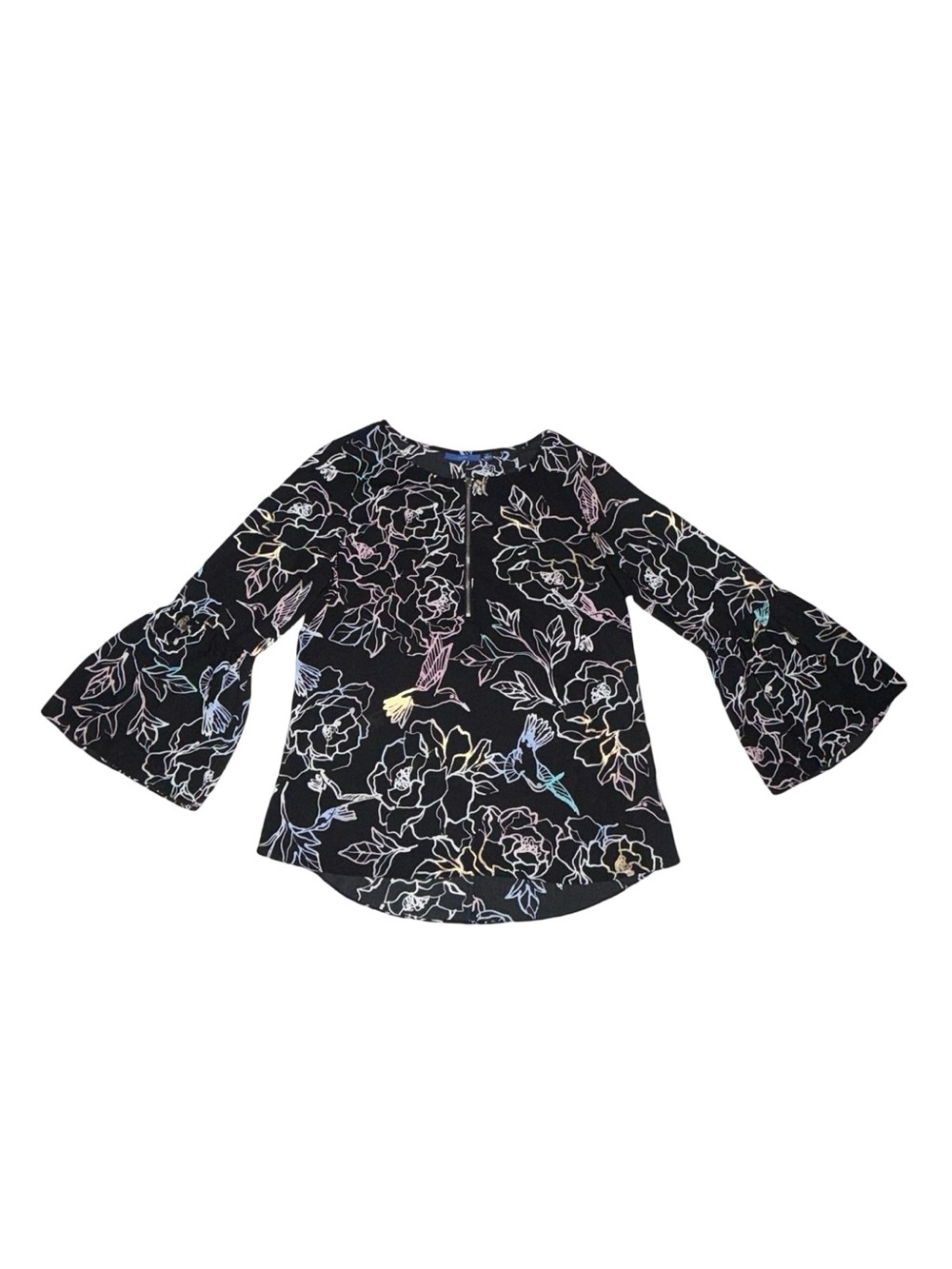APT. 9 Women's Floral Print Front Zip Top Tiered Bell Sleeve Blouse